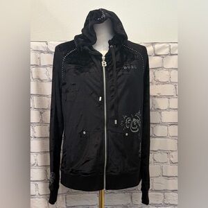 BCBG Maxazria:XL Women Black Velour Zip Hoodie Embellishment Scroll Accents